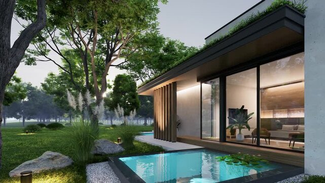4K video rendering of two-story house with parking and pool for sale or rent with concrete facade and beautiful landscaping Clear summer evening with cozy light from window