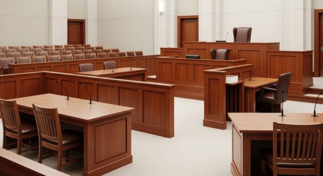 Empty wooden courtroom with judge seat, witness stand, and jury box. Justice system and legal environment. Judicial chamber for trial, litigation, crime, and law hearing session.