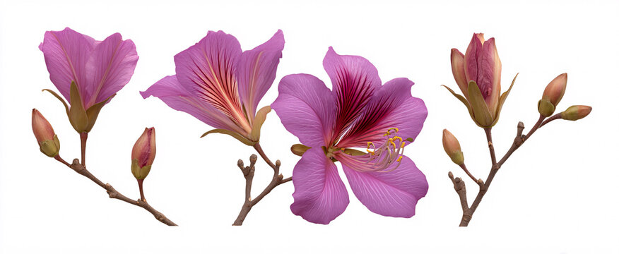 Vibrant Bauhinia purpurea flowers blooming beautifully on a clean white background