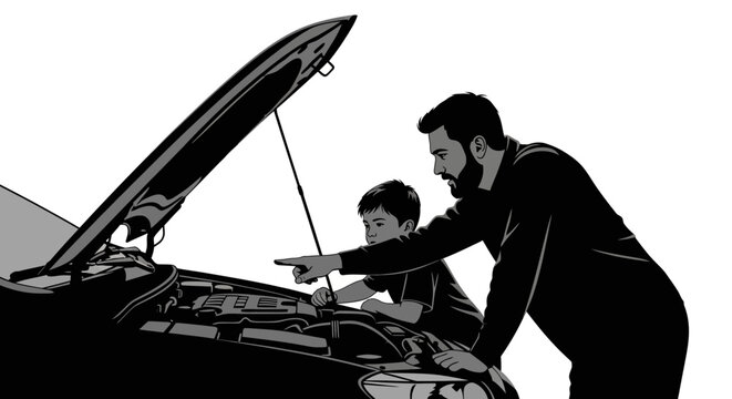 Fahter's Day, Dad, Black and white illustration of a man and boy checking car engine, automotive repair concept , Happy Father's Day
