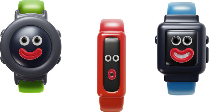 Modern digital smartwatches and fitness trackers with creative twist. Each device displays funny 3D cartoon face on screen, blending technology with playful, toy like character design.