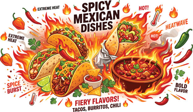 Vibrant Mexican dishes banner featuring spicy beef tacos wrapped burrito and burning chili bowl with red flames illustration