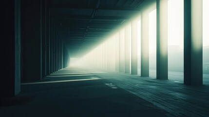 Fototapeta premium Empty concrete long corridor with a strong diagonal beam of light cutting through heavy fog, illuminating the dust particles and creating a mysterious, atmospheric glow on the ground