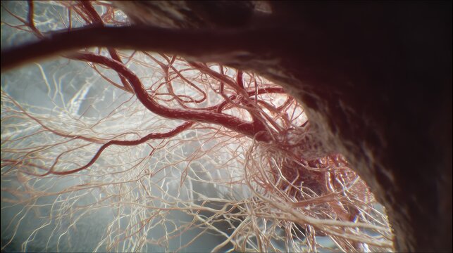 Complex network of capillaries, veins, and arteries illustrating the intricate details of the internal human anatomy and vascular system, crucial for medical and biological concepts