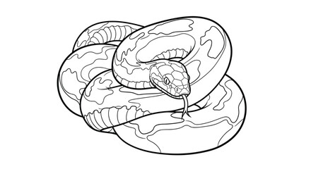 Fototapeta premium Detailed black and white line art of a coiled snake with beautiful patterned scales and a flickering split tongue.