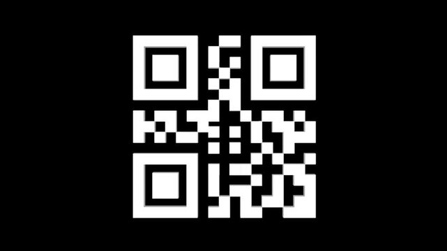 3D animation of a white QR code rotating on a black background. Minimalist seamless loop motion graphic for digital scanning, mobile payment technology, barcode verification, and tech identity.