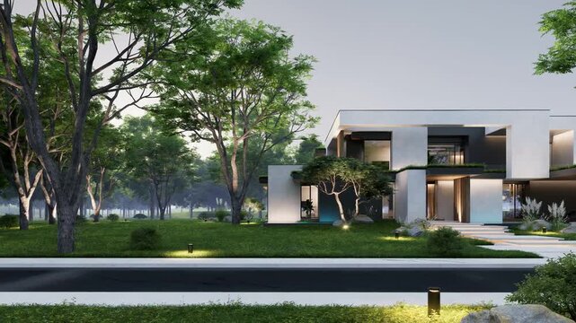 4K video rendering of two-story house with parking and pool for sale or rent with concrete facade and beautiful landscaping Clear summer evening with cozy light from window