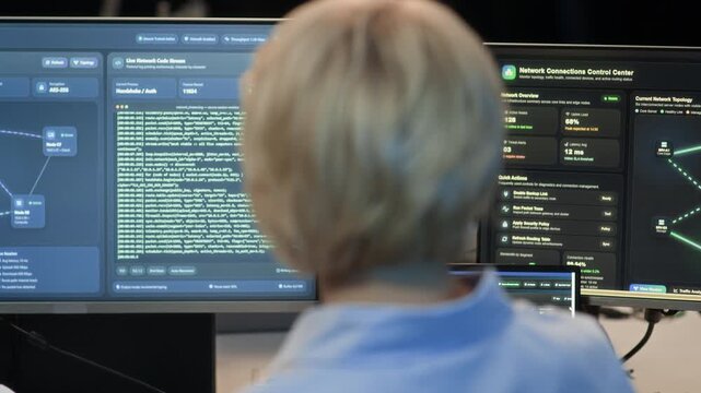 Back view of adult Caucasian female network engineer monitoring cybersecurity software and programming codes on computers in office
