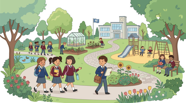 Vibrant vector landscape of kids in school uniform exploring outdoor campus garden playground greenhouse and beautiful nature park