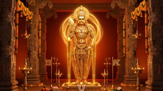 A magnificent golden statue of a Hindu deity, possibly Lord Murugan or Kartikeya, glowing brightly within an ornate temple interior with traditional lamps and pillars.