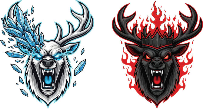 Two aggressive deer head mascots, one with ice shards and blue glowing eyes, the other with red flames and fiery glowing eyes, representing contrasting elemental power.