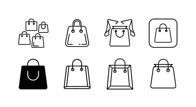 Set of shopping bag icons, minimalist linear retail collection
