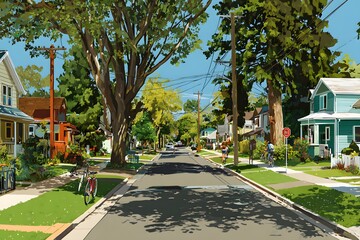 Neighborhood street with tree-lined sidewalks evokes warmth joy and community spirit.