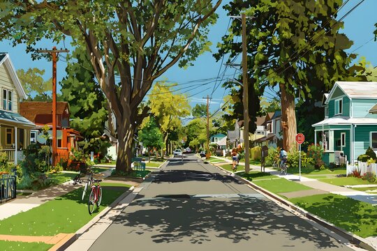 Neighborhood street with tree-lined sidewalks evokes warmth joy and community spirit.