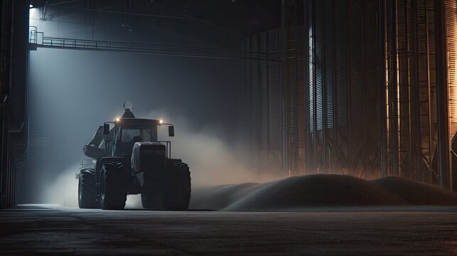 Industrial loader working inside a large modern agricultural warehouse, pushing piles of stored grain under bright work lights, highlighting food production and distribution