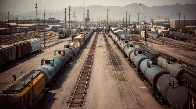 Rail yard filled with multiple freight trains and tanker cars on parallel tracks, showcasing logistics infrastructure for bulk transport against a distant mountain range