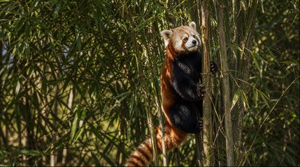 Red panda climbing bamboo stem with foliage in mountain habitat © Fotkrat