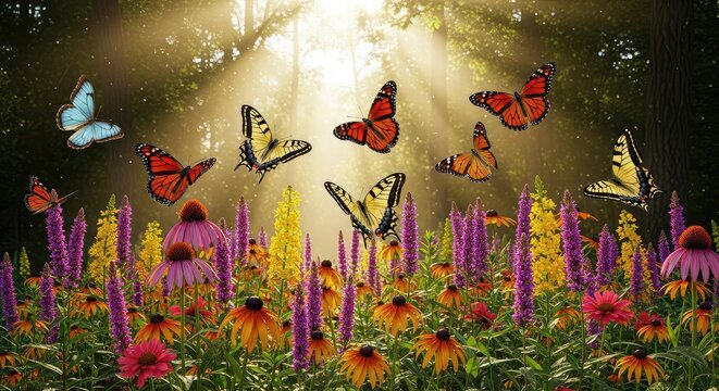 Mariposas vibrantes revolotean sobre flores silvestres en un bosque frondoso bajo rayos de sol dorados que iluminan la naturaleza virgen, luz, ecosistema, verde