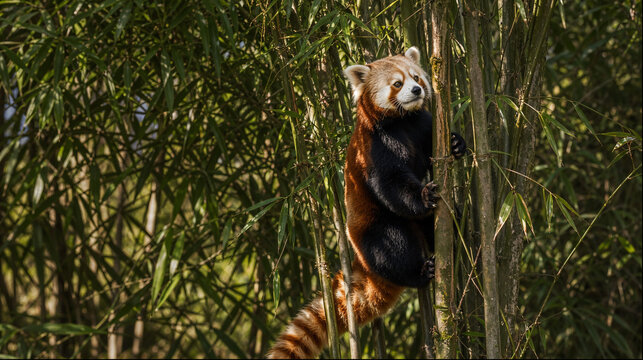 Red panda climbing bamboo stem with foliage in mountain habitat