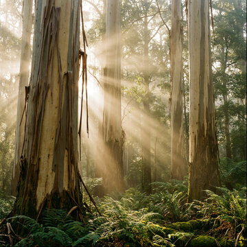 Sun rays piercing misty eucalyptus forest with tree ferns below