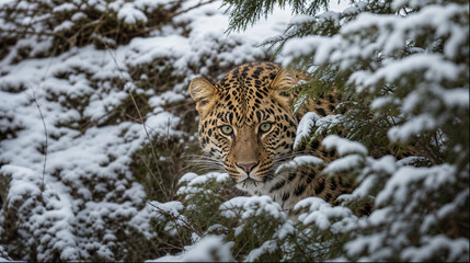 Leopard concealed in snow covered conifer branches stalking prey © Fotkrat