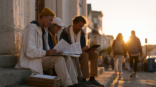 Petition canvassing team debrief on church steps at sunset, volunteers comparing completed signature count sheets, supervisor entering totals on tablet, clipboards stacked at feet, community members