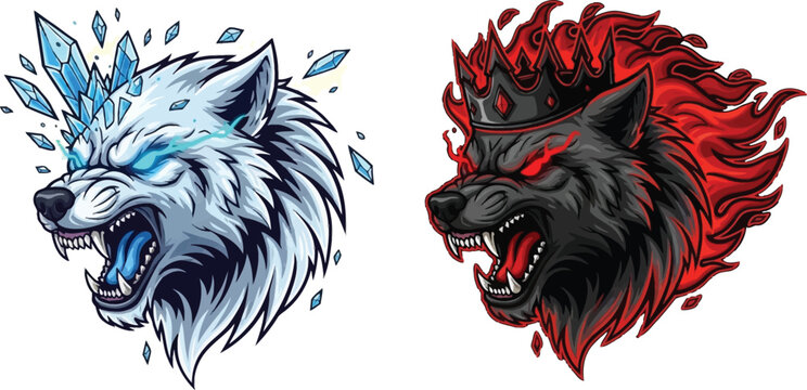Two fierce stylized wolf heads, one white with ice crystals and blue glow, the other black with red flames and a crown, both snarling aggressively.