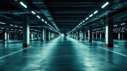 Fototapeta premium Empty underground parking garage with concrete pillars, glowing blue illumination and reflective polished floors, creating a spacious, deserted, futuristic urban interior feeling of solitude