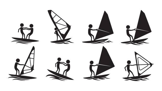 Windsurfing silhouette icons set, black stick figure windsurfers on boards with sails, 8 vector water sports illustrations for summer recreation