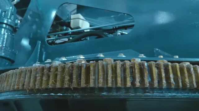 Lubricated gear for rotating the cab of a heavy-duty truck crane. Closeup. Shot in motion