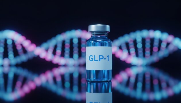 GLP 1 medicine vial stands before colorful DNA helix lights in dark biotechnology and weight treatment concept