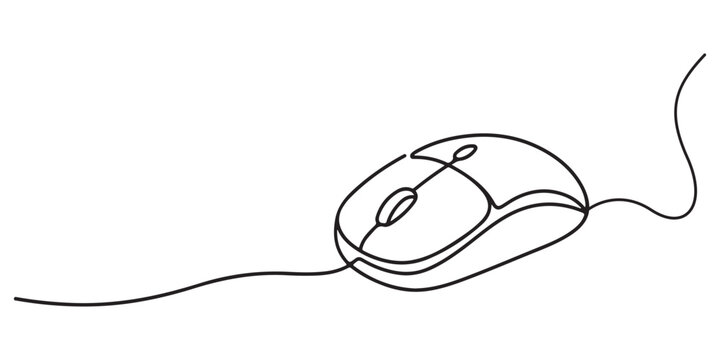 Continuous line drawing of a computer mouse with cord, Minimalist single line drawing of a computer mouse with a cable. one line Icon drawing with white background, Computer mouse continuous one line