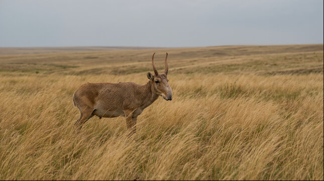 Saiga antelope standing in tall steppe grass with tundra horizon