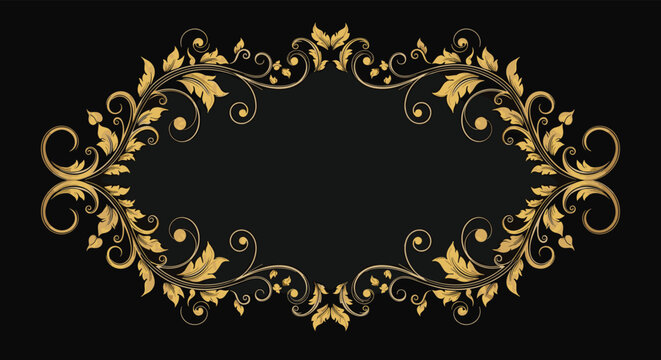 Elegant ornate golden floral frame with swirling vines and leaves set against a dark black background for luxury themes.