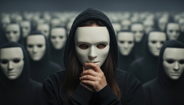 Masked figure in black hood faces camera among many anonymous masks creating secretive identity and anonymity scene
