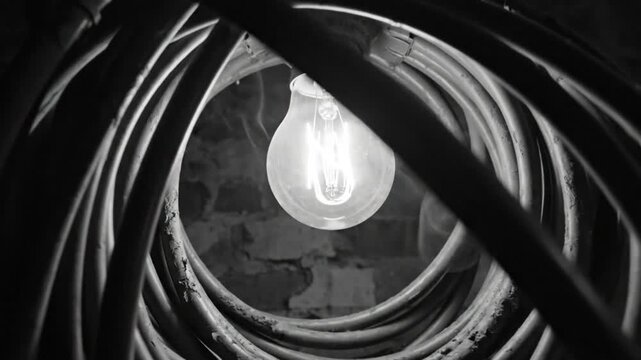Black and white close up of a retro lightbulb glowing with smoke and wrapped cables