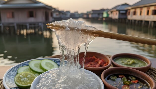 Sticky translucent papeda sago congee held by chopsticks over bowl served with chili paste and cucumber on river house