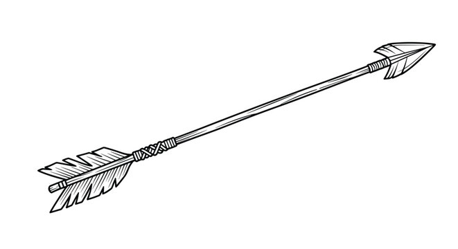Vintage style black and white drawing of a traditional wooden arrow with a sharp arrowhead and feathered fletching.