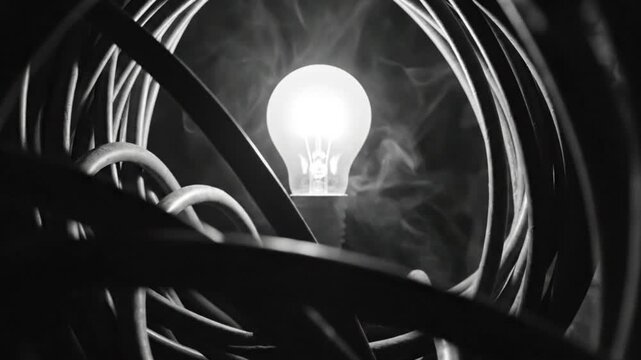 Bright lightbulb illuminates coiled cables in a smoky, artistic abstract black and white shot