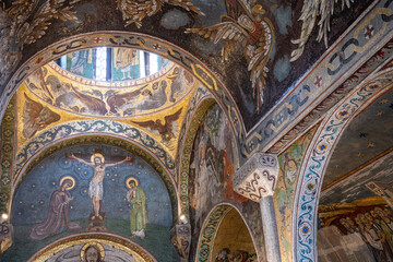 Obraz premium Colourful religious motifs and frescoes painted inside Ruzica Church, a Serbian Orthodox church located in the Belgrade Fortress, above the Rivers Sava and Danube, Serbia.