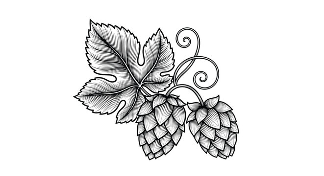 Vintage style black and white engraving of hop cones and leaves, commonly used as an ingredient for brewing beer.
