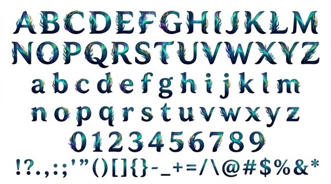 font alphabet in ceremonial kelp forest aurora display style from a to z numbers punctuation isolated on white background