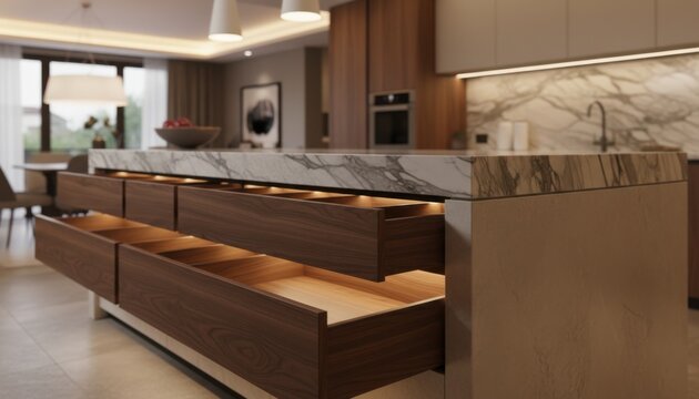 Modern luxury kitchen island featuring rich walnut wood drawers pulled open with warm integrated glowing led strip lights