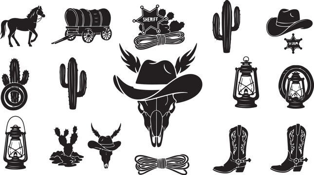 Western Cowboy Icons and Symbols Collection Black White