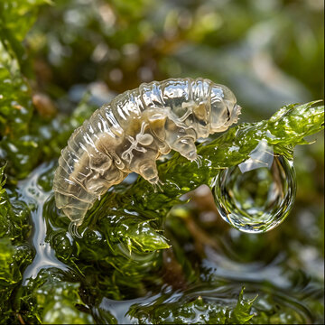 Tardigrade water bear with dew droplet on moss in microscopic view