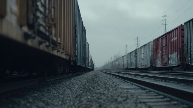 Freight trains parked on multiple parallel tracks under an overcast sky, representing industrial logistics, transportation, and cargo shipping across the country