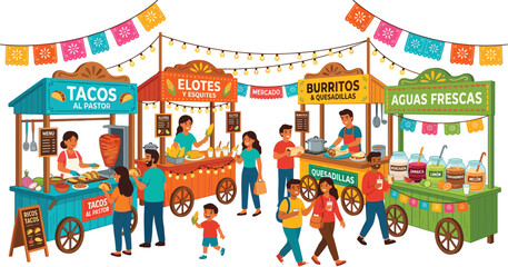 Mexican street food festival vector illustration with tacos al pastor elotes burritos and aguas frescas food stalls design © nice