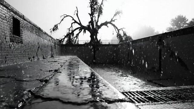 Rain falling into an empty pool with a tree in the background, black and white perspective video