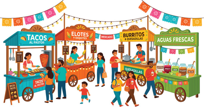 Mexican street food festival vector illustration with tacos al pastor elotes burritos and aguas frescas food stalls design