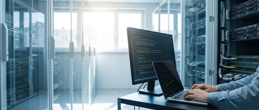 organized developer image of hands writing code in a clean server room in bright daylight editorial style